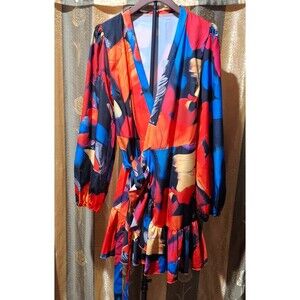 SHEIN Watercolor Abstract Floral Wrap Mini Dress XL 12 Lantern Sleeve Side Tie